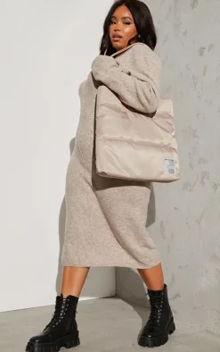 Plus Oatmeal Knitted Seam Front Midaxi Dress