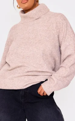 Plus Oatmeal Knitted Slouchy Roll Neck Sweater