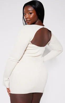 Plus Oatmeal Rib Knit Open Back Mini Dress