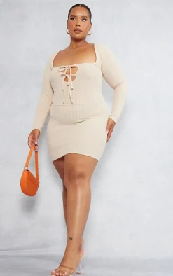 Plus Oatmeal Tie Front Longsleeve Bodycon Dress