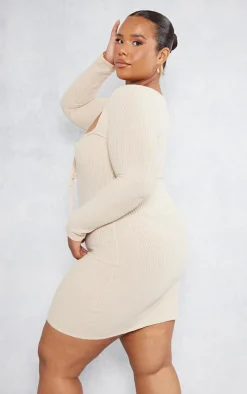 Plus Oatmeal Tie Front Longsleeve Bodycon Dress