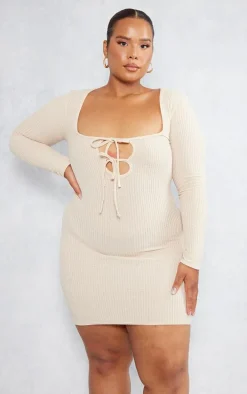 Plus Oatmeal Tie Front Longsleeve Bodycon Dress