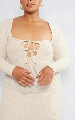 Plus Oatmeal Tie Front Longsleeve Bodycon Dress