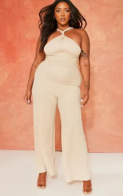 Plus Oatmeal Twist Neck Corset Wide Leg Jumpsuit