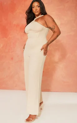 Plus Oatmeal Twist Neck Corset Wide Leg Jumpsuit