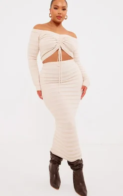 Plus Oatmeal Wide Rib Knit Maxi Skirt