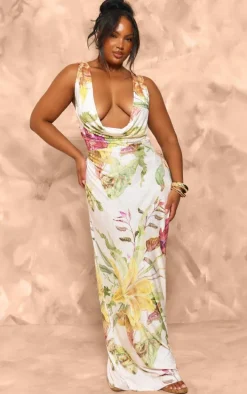 Plus Off White Floral Print Plisse Cowl Plunge Maxi Dress