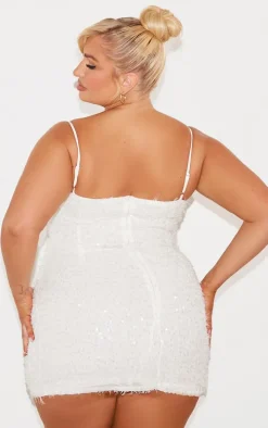 Plus Off White Sequin Feather Drape Mini Dress