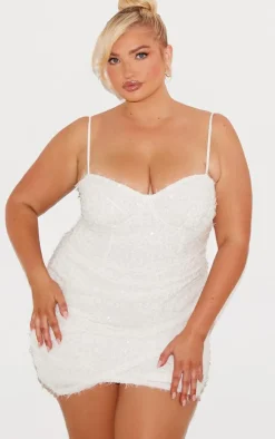 Plus Off White Sequin Feather Drape Mini Dress