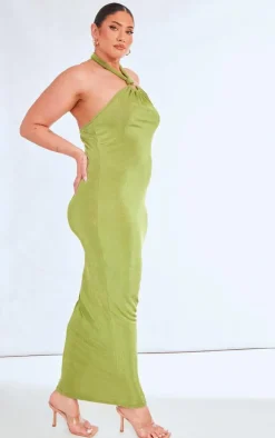 Plus Olive Acetate Slinky Ring Detail Midi Dress