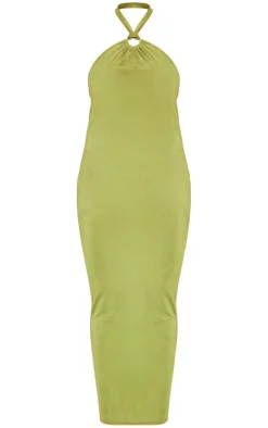 Plus Olive Acetate Slinky Ring Detail Midi Dress