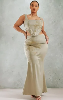 Plus Olive Embroidered Floral Satin Maxi Skirt