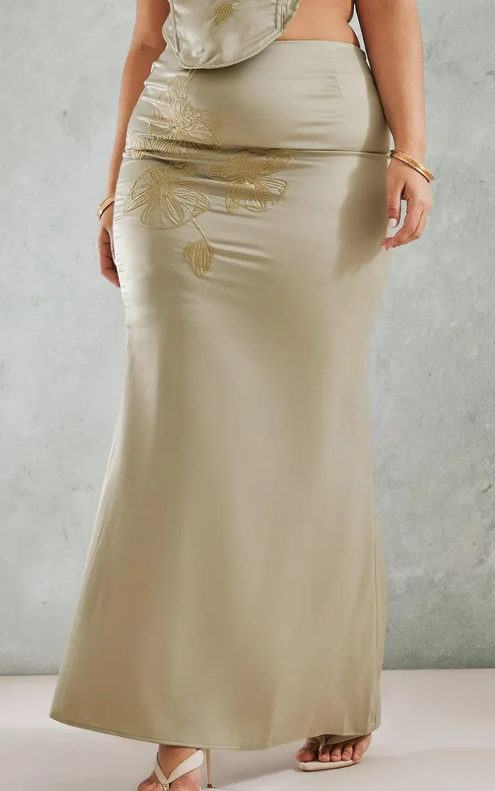 Plus Olive Embroidered Floral Satin Maxi Skirt