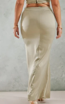 Plus Olive Embroidered Floral Satin Maxi Skirt