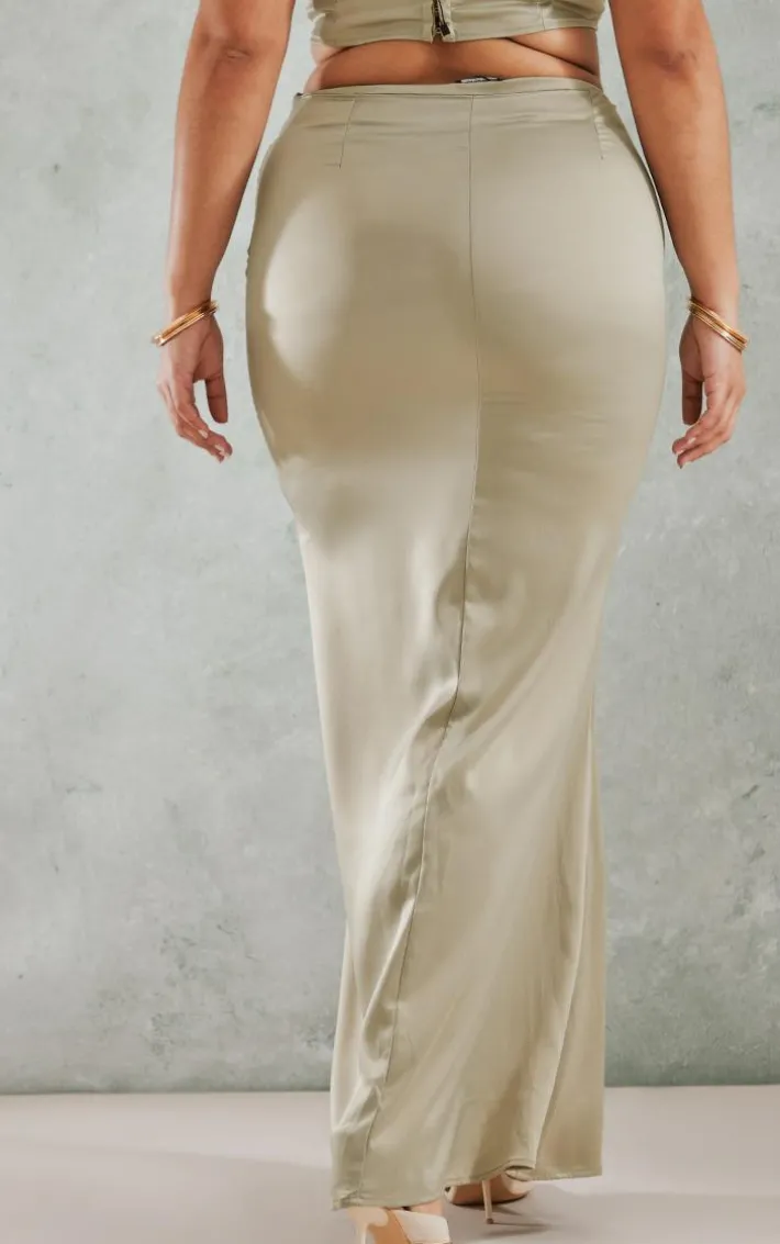 Plus Olive Embroidered Floral Satin Maxi Skirt