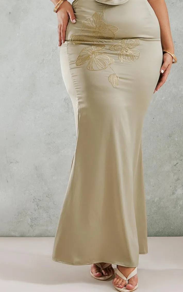 Plus Olive Embroidered Floral Satin Maxi Skirt