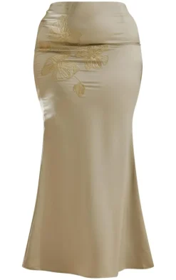 Plus Olive Embroidered Floral Satin Maxi Skirt