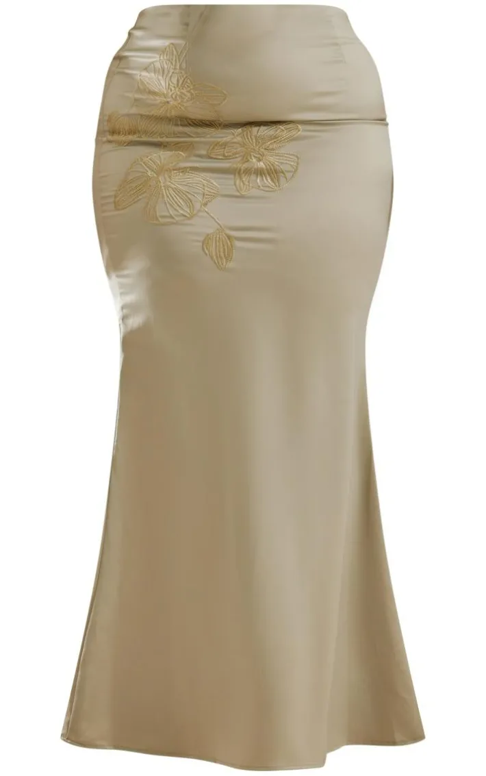 Plus Olive Embroidered Floral Satin Maxi Skirt