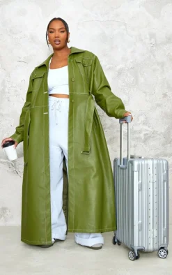 Plus Olive Faux Leather Contrast Stitch Split Hem Trench Coat