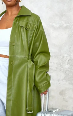 Plus Olive Faux Leather Contrast Stitch Split Hem Trench Coat
