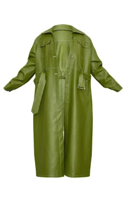 Plus Olive Faux Leather Contrast Stitch Split Hem Trench Coat