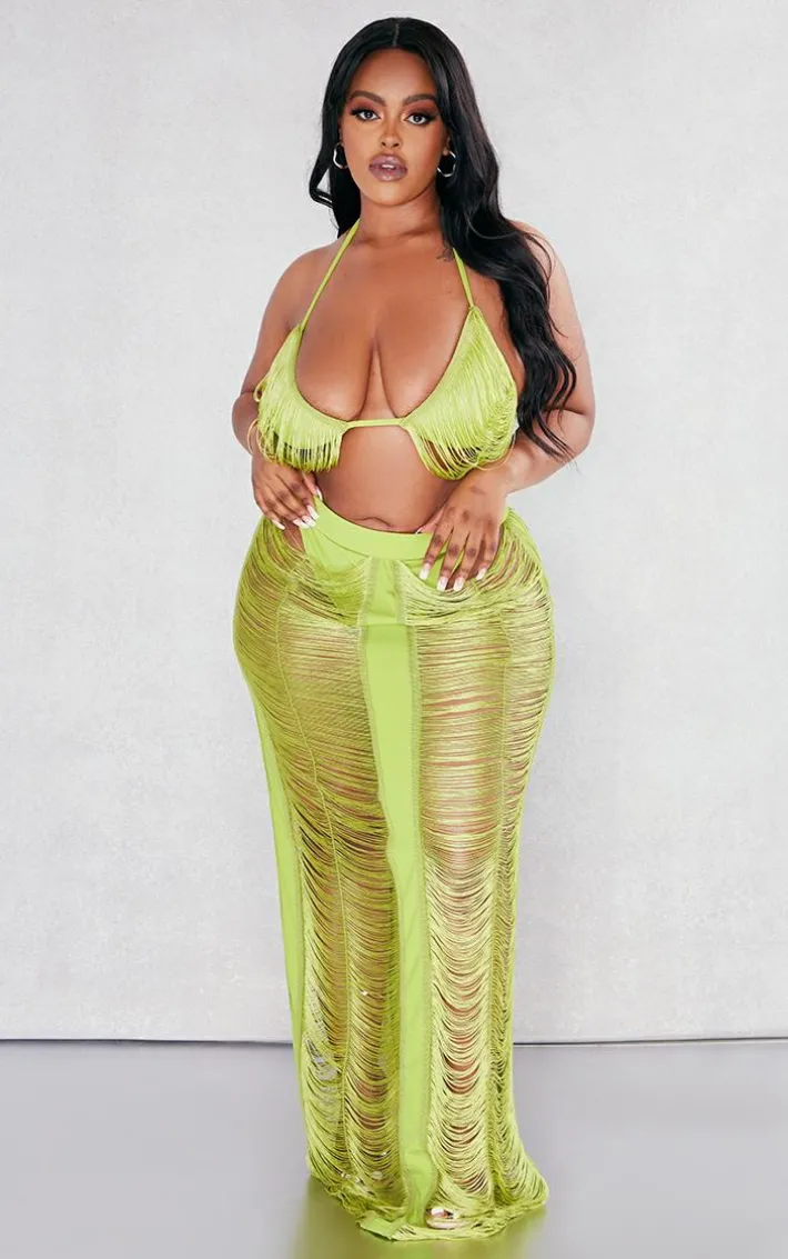 Plus Olive Fringed Maxi Skirt