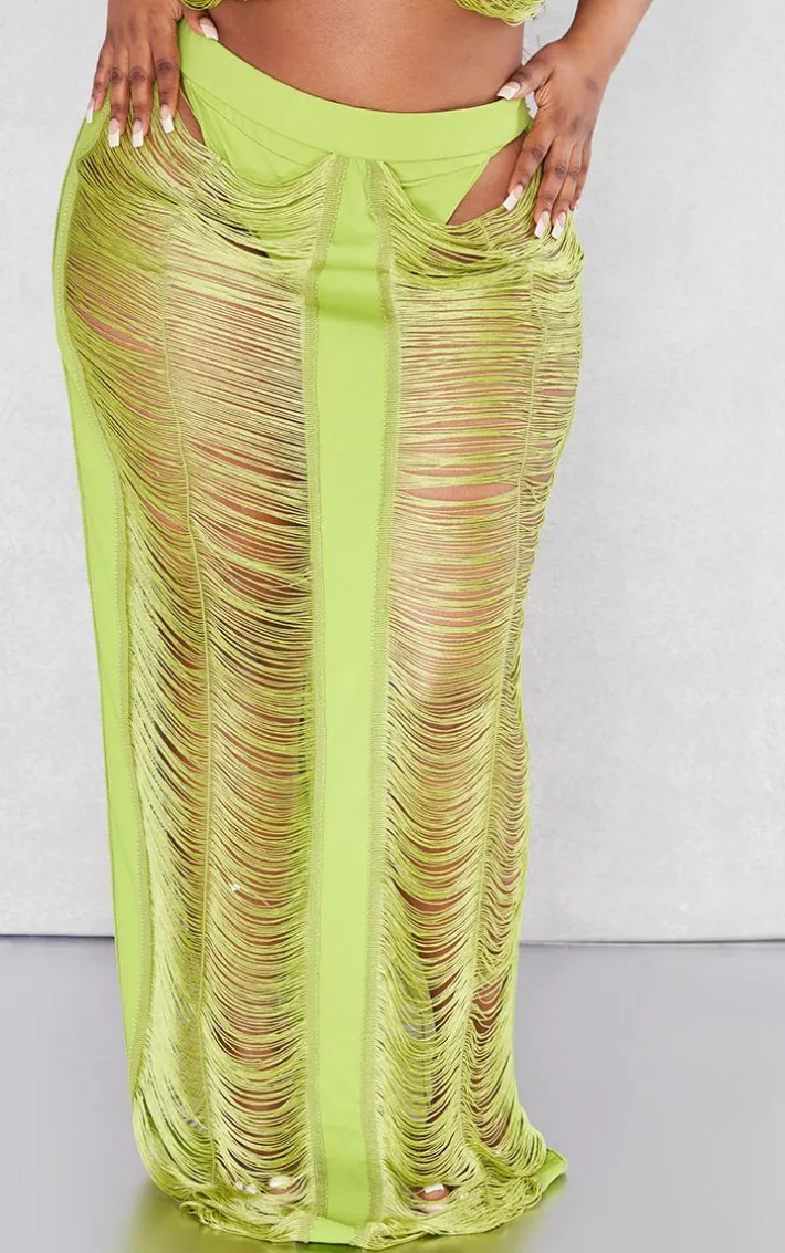 Plus Olive Fringed Maxi Skirt