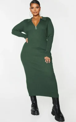 Plus Olive Half Zip Collared Detail Midaxi Dress