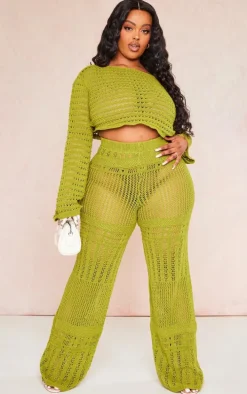 Plus Olive Knitted Straight Leg Pants