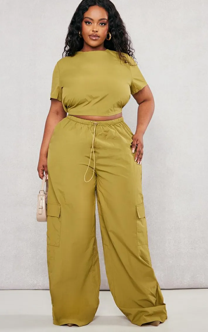 Plus Olive Nylon Wide Leg Cargo Pants