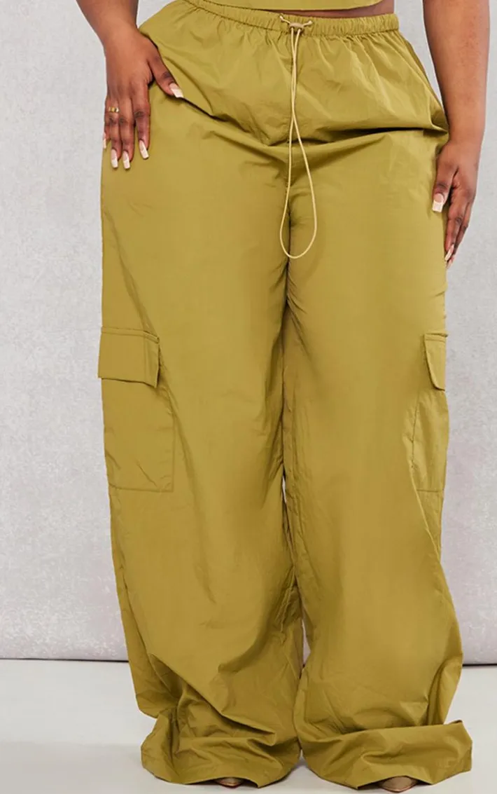 Plus Olive Nylon Wide Leg Cargo Pants