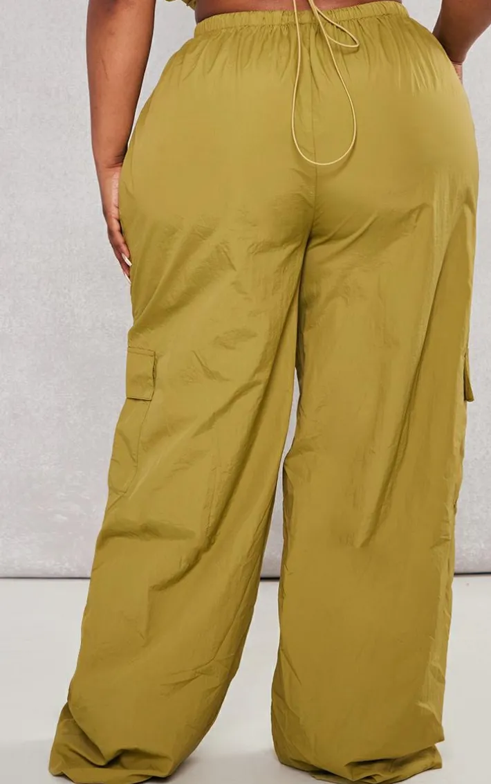 Plus Olive Nylon Wide Leg Cargo Pants