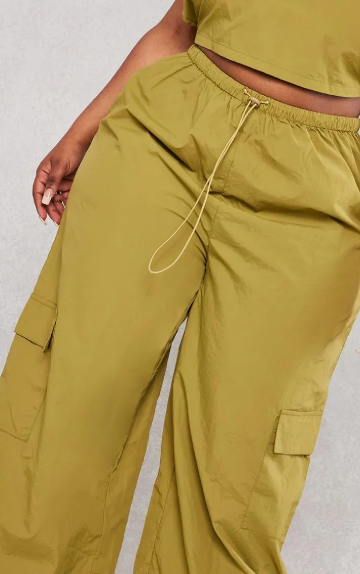 Plus Olive Nylon Wide Leg Cargo Pants