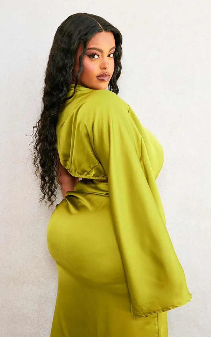 Plus Olive One Shoulder Satin Crop Top