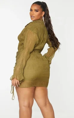 Plus Olive Plisse Textured Ruched Shirt Dress