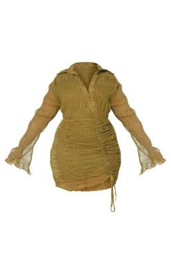 Plus Olive Plisse Textured Ruched Shirt Dress