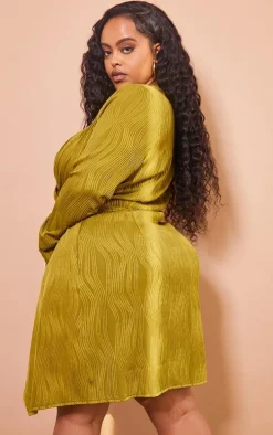 Plus Olive Plisse Wrap Front Dress
