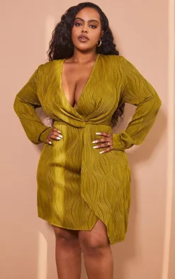 Plus Olive Plisse Wrap Front Dress