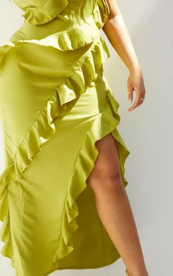 Plus Olive Satin Frill Layered Maxi Dress