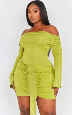 Plus Olive Slinky Drape Detail Bardot Bodycon Dress