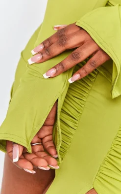 Plus Olive Slinky Drape Detail Bardot Bodycon Dress