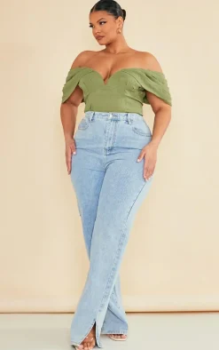 Plus Olive Textured Bardot Bodysuit