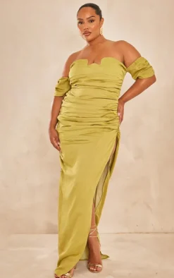 Plus Olive Textured Bardot Underwired Ruched Maxi Dress