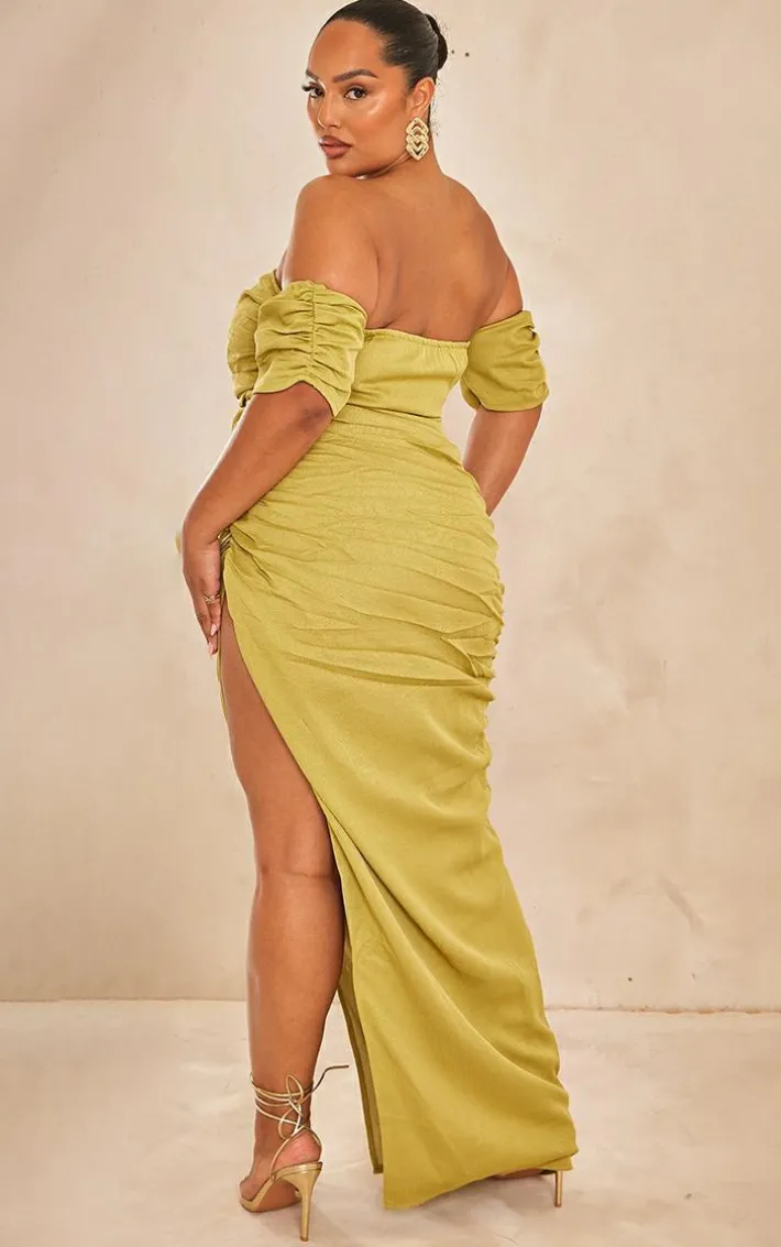 Plus Olive Textured Bardot Underwired Ruched Maxi Dress