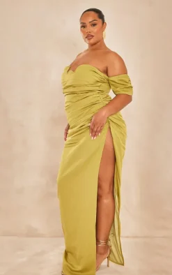 Plus Olive Textured Bardot Underwired Ruched Maxi Dress