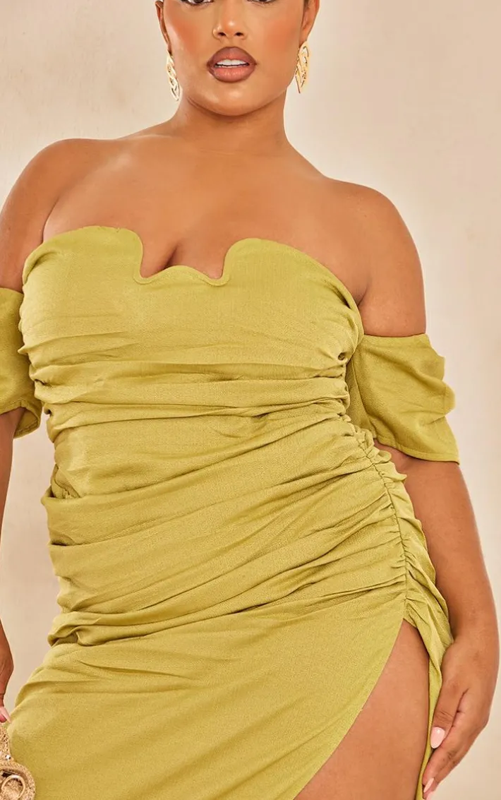 Plus Olive Textured Bardot Underwired Ruched Maxi Dress