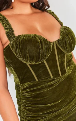 Plus Olive Velvet Ruffle Strap Corset Detail Midi Dress