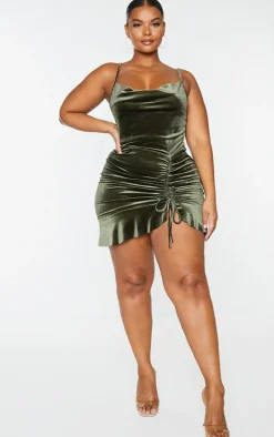 Plus Olive Velvet Strappy Ruched Frill Hem Bodycon Dress