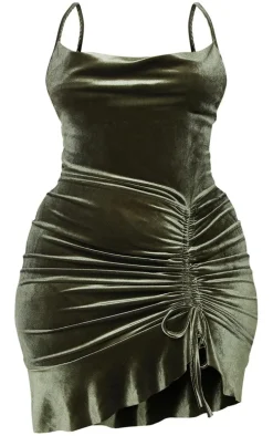 Plus Olive Velvet Strappy Ruched Frill Hem Bodycon Dress