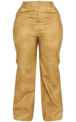 Plus Olive Washed Faux Leather Straight Leg Pants